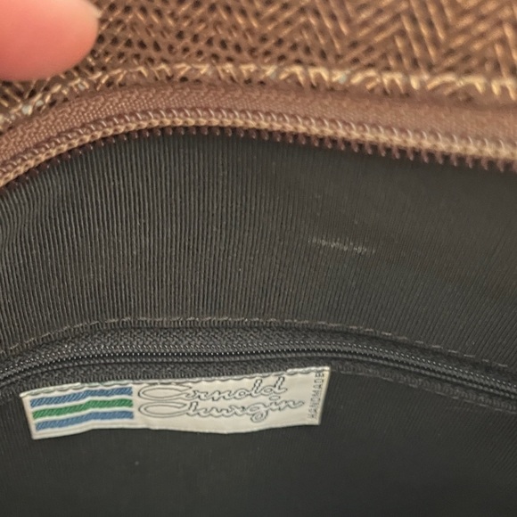 ARNOLD CHURGIN Brown Faux Leather Asymmetric Cross Body Bag Tweed Pattern - Picture 14 of 14